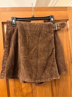 Brown Corduroy Wrap Skort with Buckle Detail